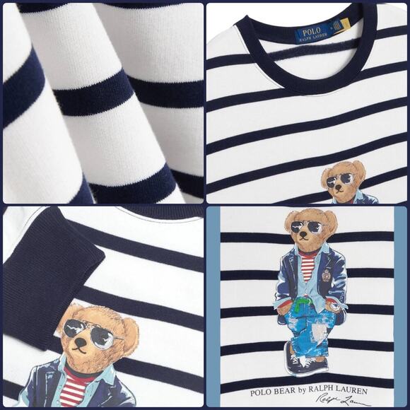 POLO RALPH LAUREN Men’s Navy Blue/White Polo Bear Striped Fleece Sweatshirt - Picture 16 of 16